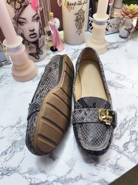 Cole Haan Grey Snake-Print Loafers with Gold Buckle